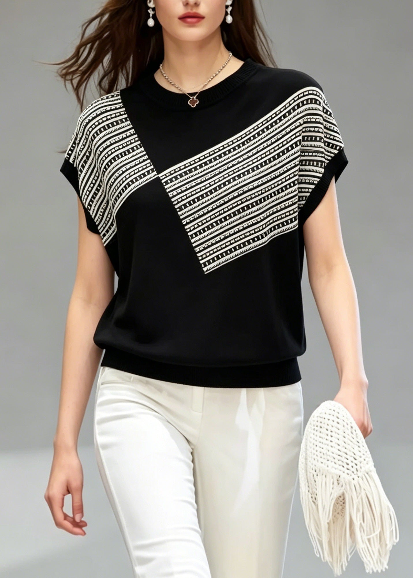 Black O Neck Striped Thin Knit T Shirt Top Summer