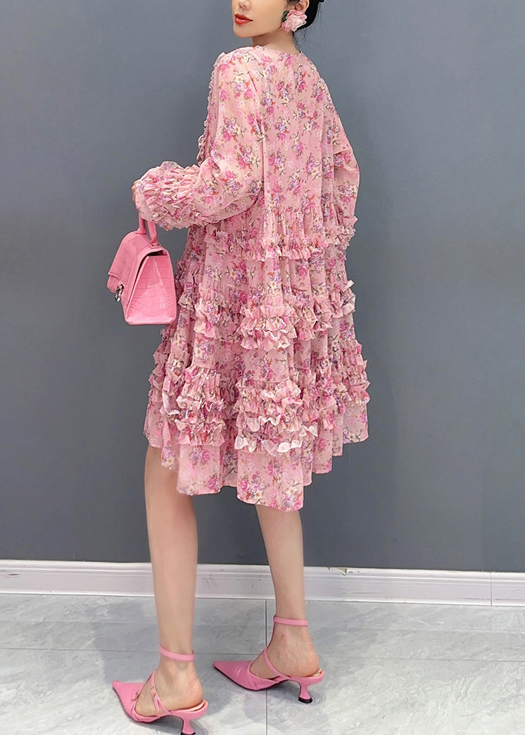 Pink V Neck Ruffled Patchwork Print Chiffon Mid Dress Long Sleeve