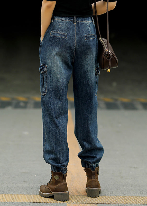 Blue Patchwork Pockets High Waist Cotton Beam Denim Pants Fall