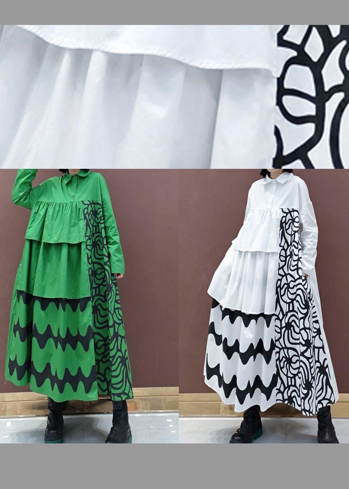 Handmade White Print Quilting Clothes Lapel Asymmetric Loose Spring Dresses