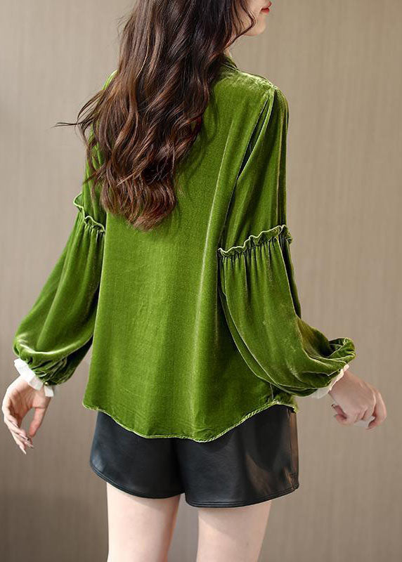 Green Ruffled Patchwork Velour Shirt Top Spring