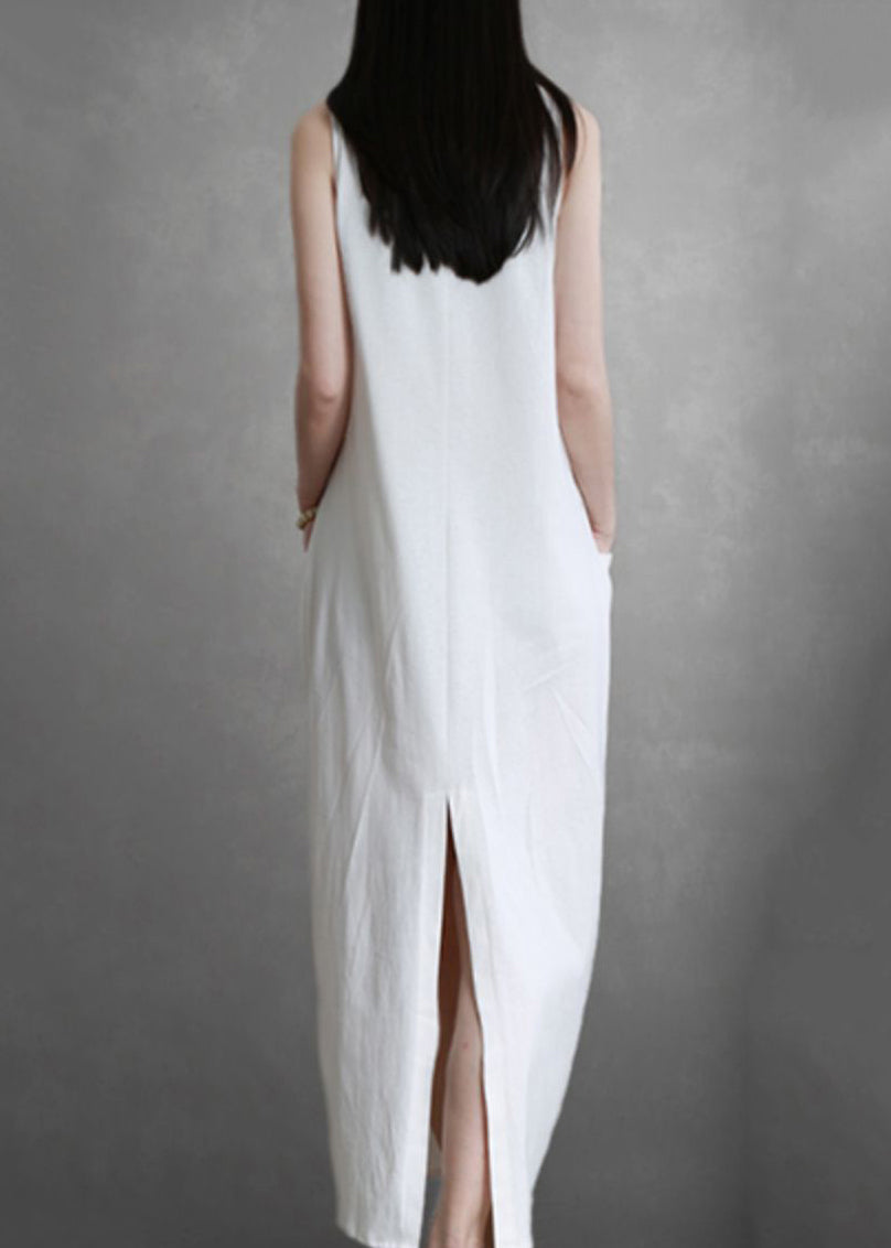 White V Neck Pockets Cotton Maxi Dresses Sleeveless