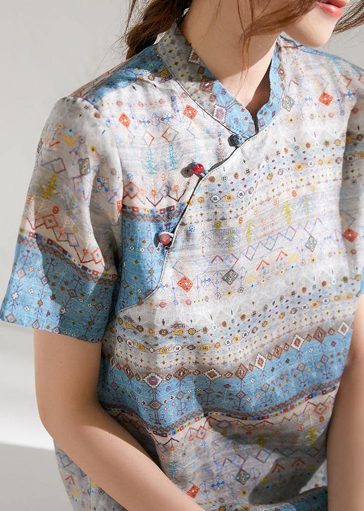 Grey Blue Print Chinese Style Summer Ramie Short Sleeve Shirts