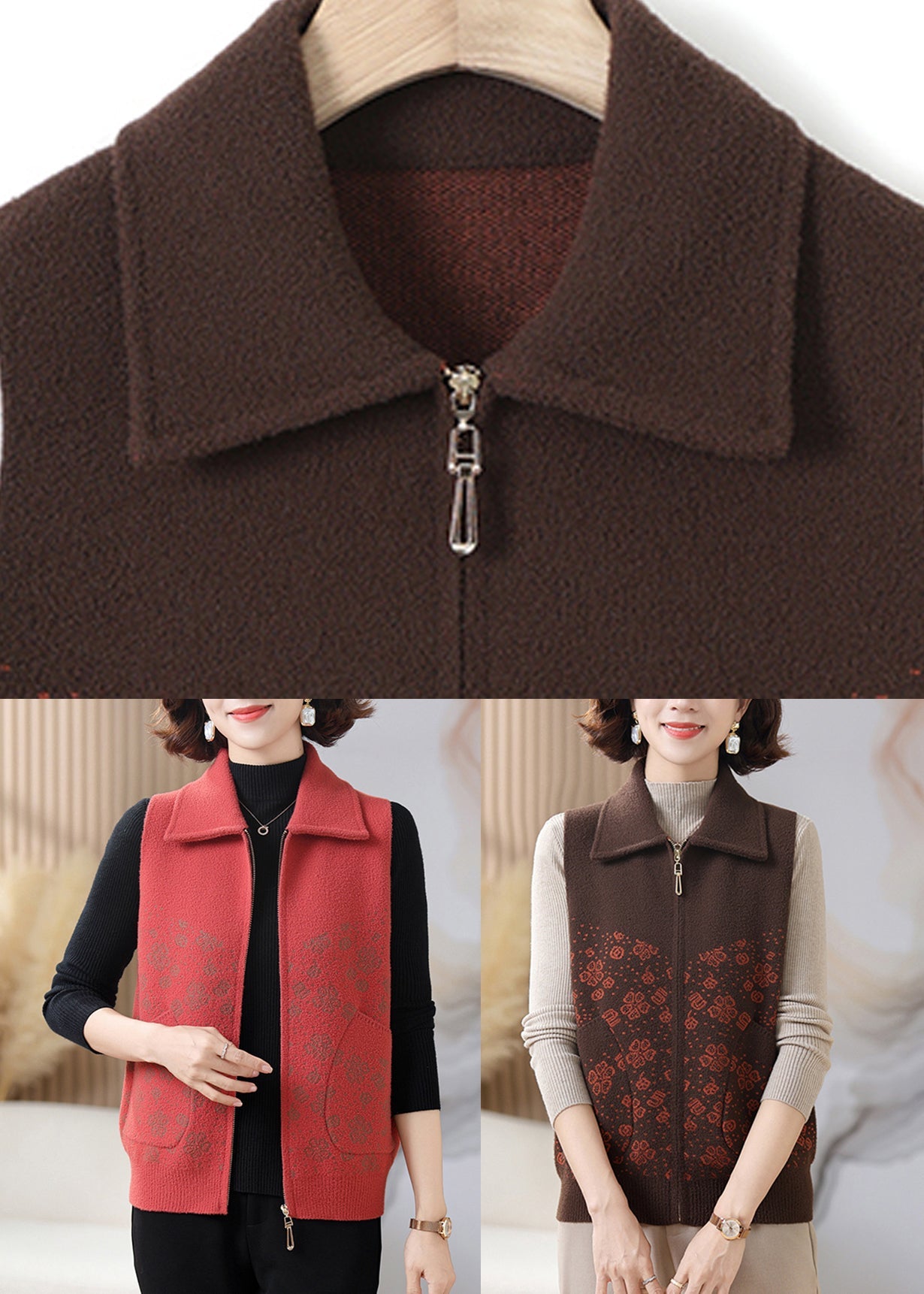 Coffee Peter Pan Collar Pockets Knit Waistcoat Sleeveless