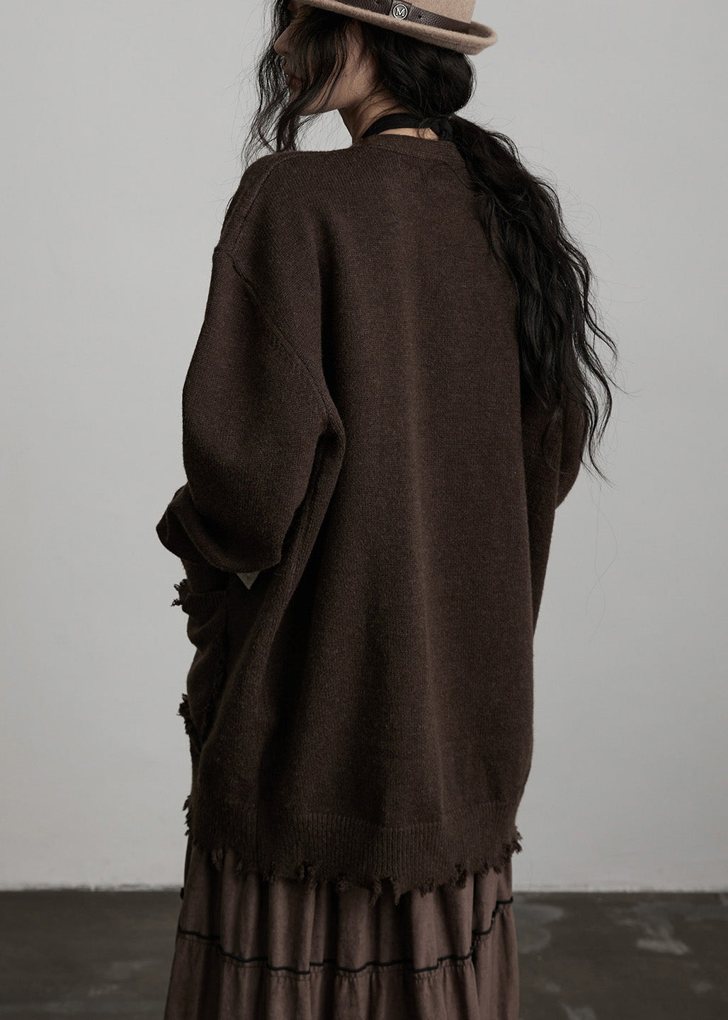 Chocolate Oversized Patchwork Applique Knit Cardigan Winter