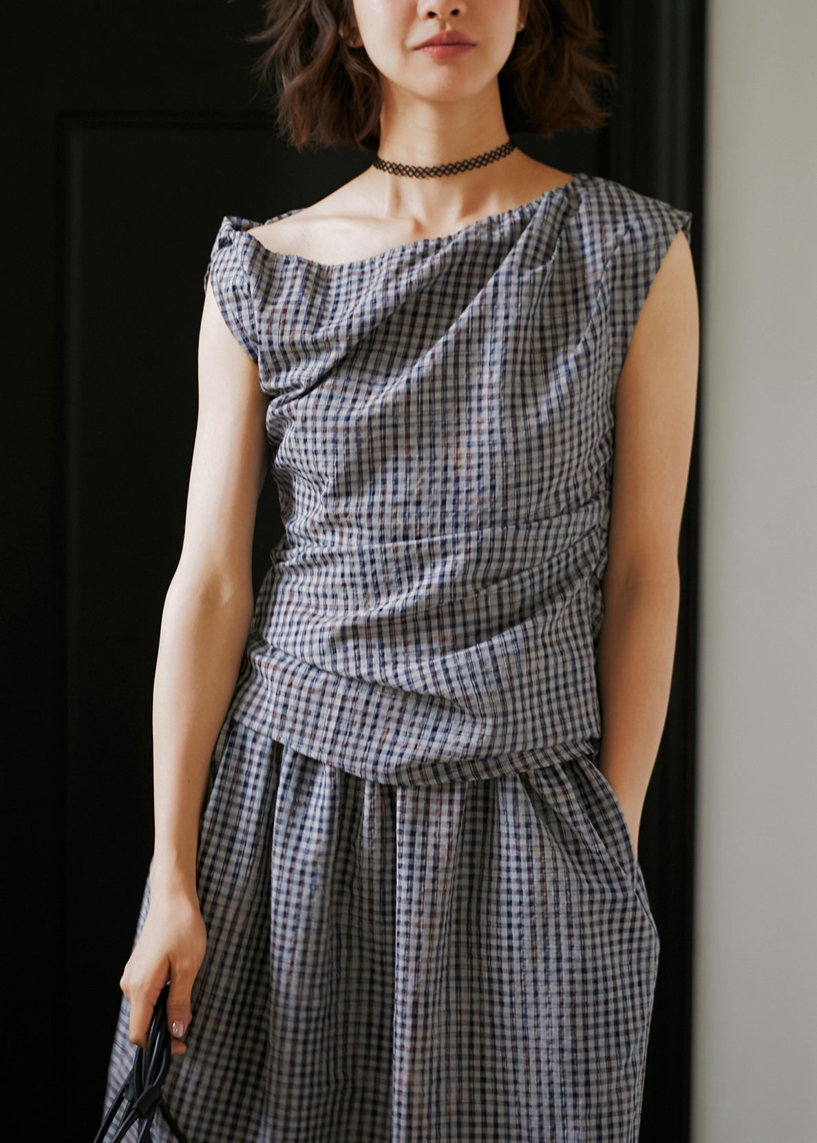 Summer New Plaid Asymmetric Design Two Pieces Set