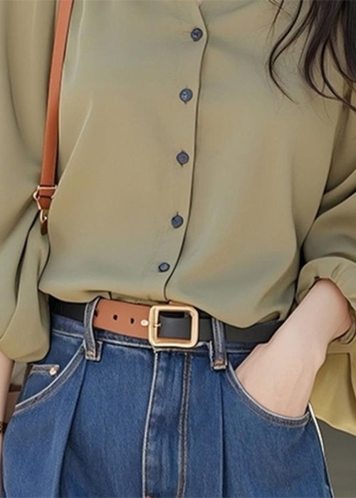 Simple Wasabi Green V Neck Button Cotton Blouses Fall