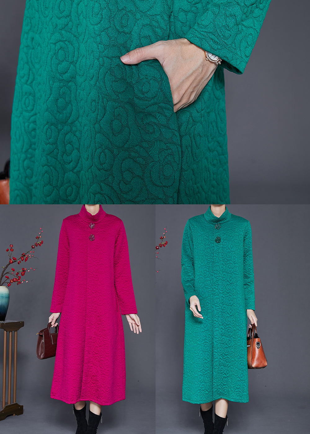 Green High Neck Jacquard Cotton Long Dress Spring