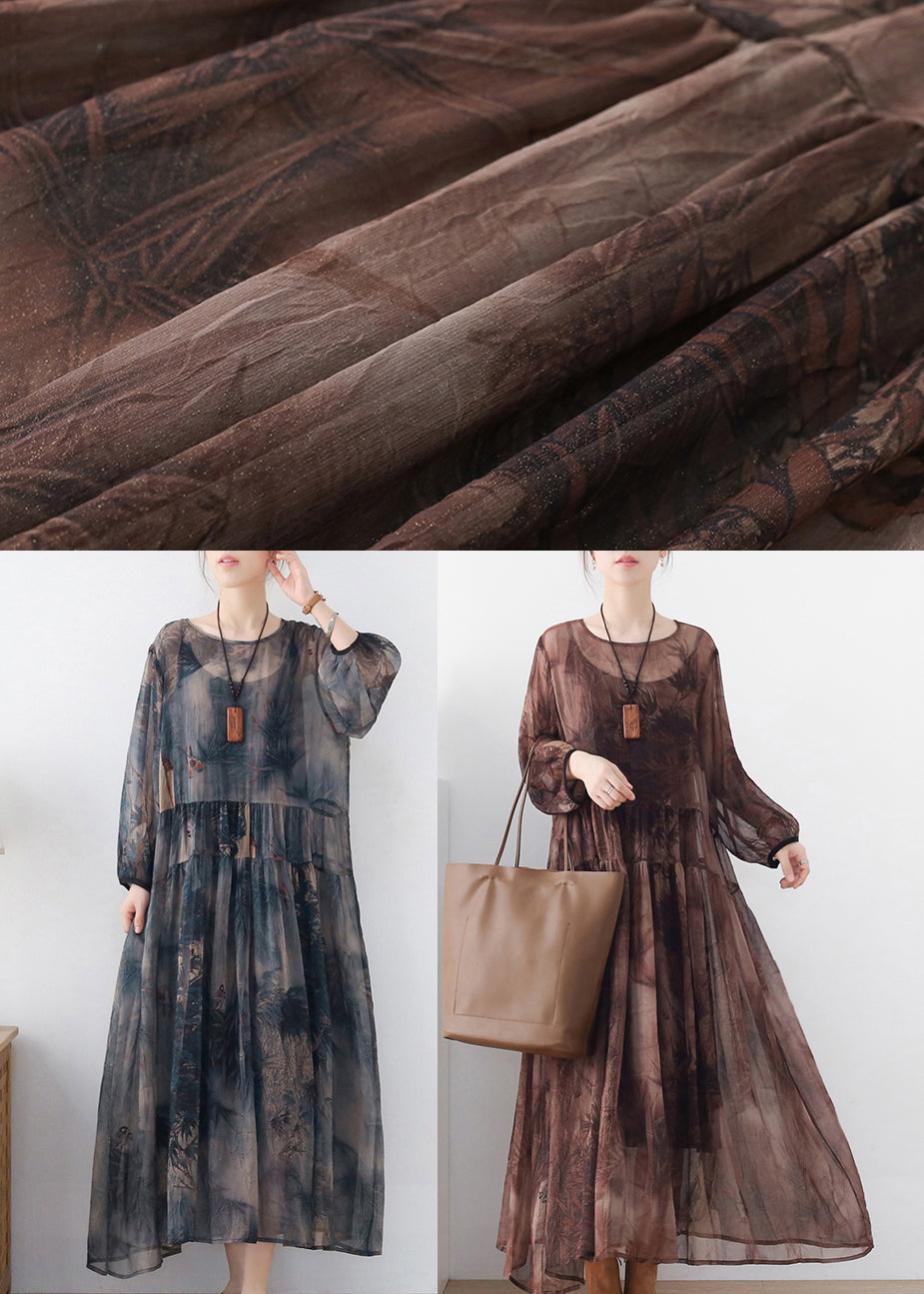 Chocolate O-neck Print Chiffon Long Dress and Spaghetti Strap Dress Two Pieces Set Long Sleeve