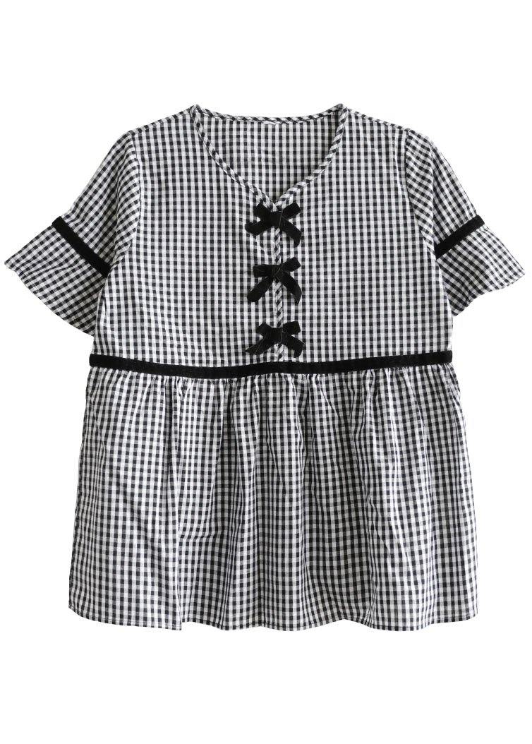French Black White Plaid V Neck Summer Cotton Top Short Sleeve
