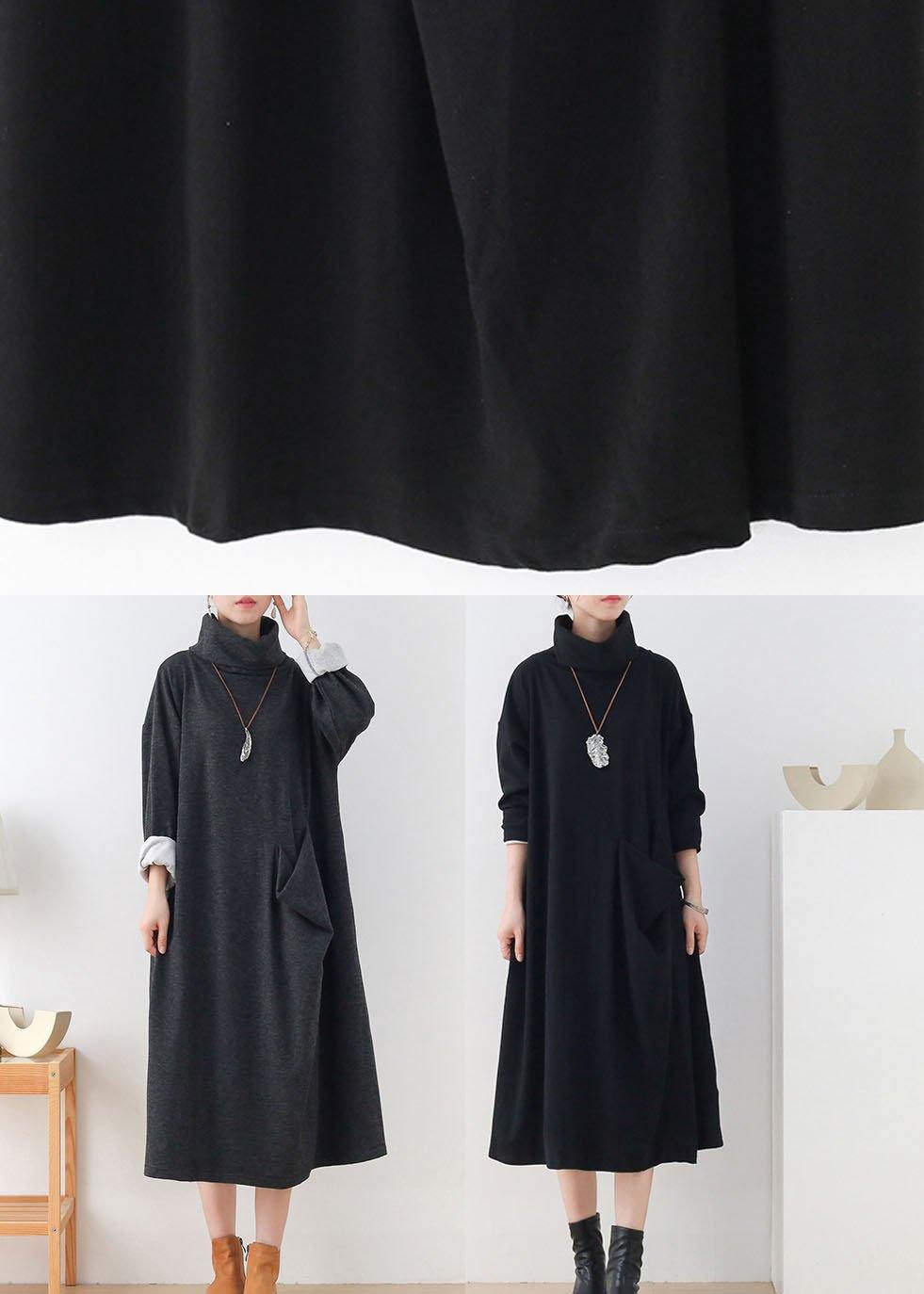 Handmade Black Loose Turtleneck Fall Cotton Dress Long Sleeve