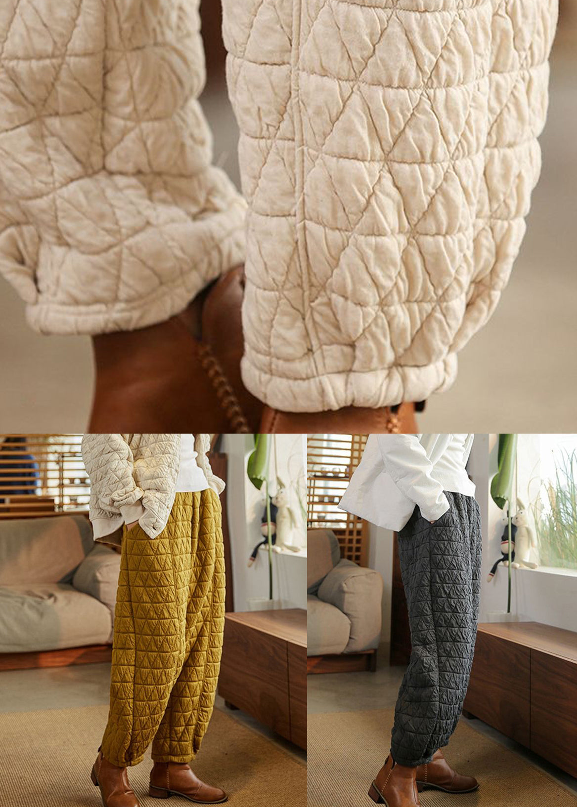 Simple Yellow Elastic Waist Cotton Filled Pants Winter