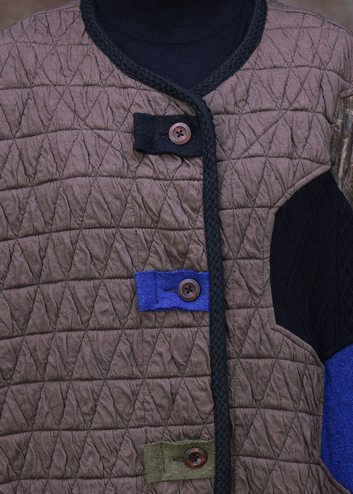 Chocolate O-neck Patchwork Applique Fine Cotton Filled Witner Coat Long Sleeve