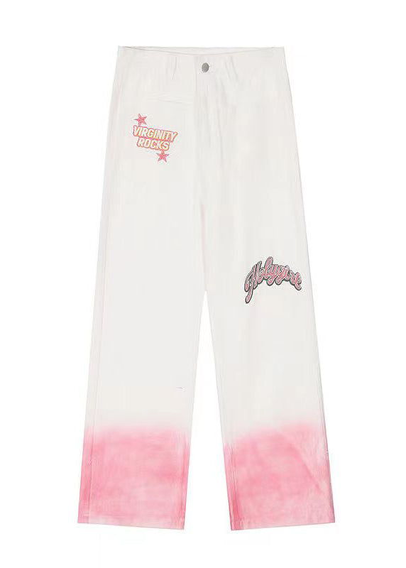 Gradient Pink Embroideried High Waist Denim Straight Pants Spring