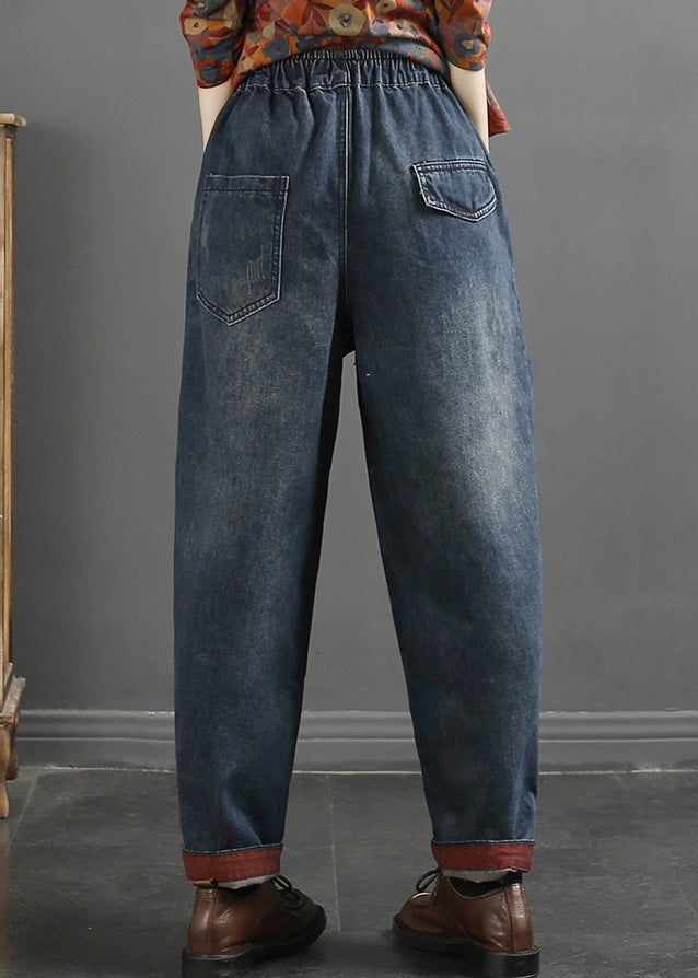 Loose Blue Embroideried Pockets Elastic Waist Jeans Fall