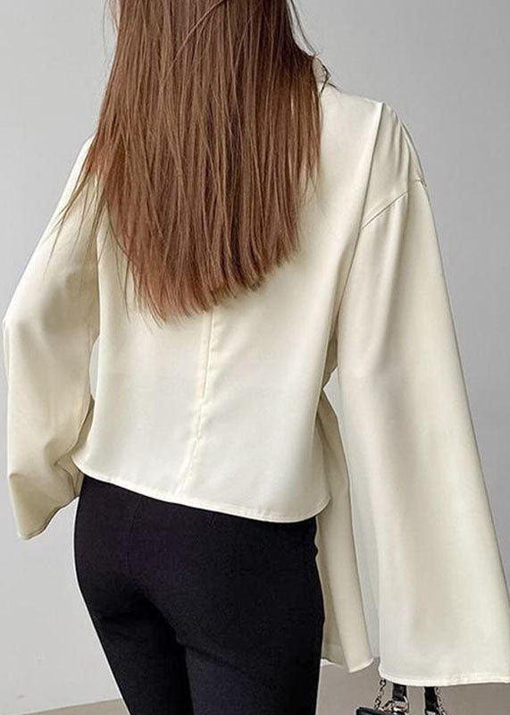 Beige Turtleneck Wrinkled Chiffon Shirt Fall