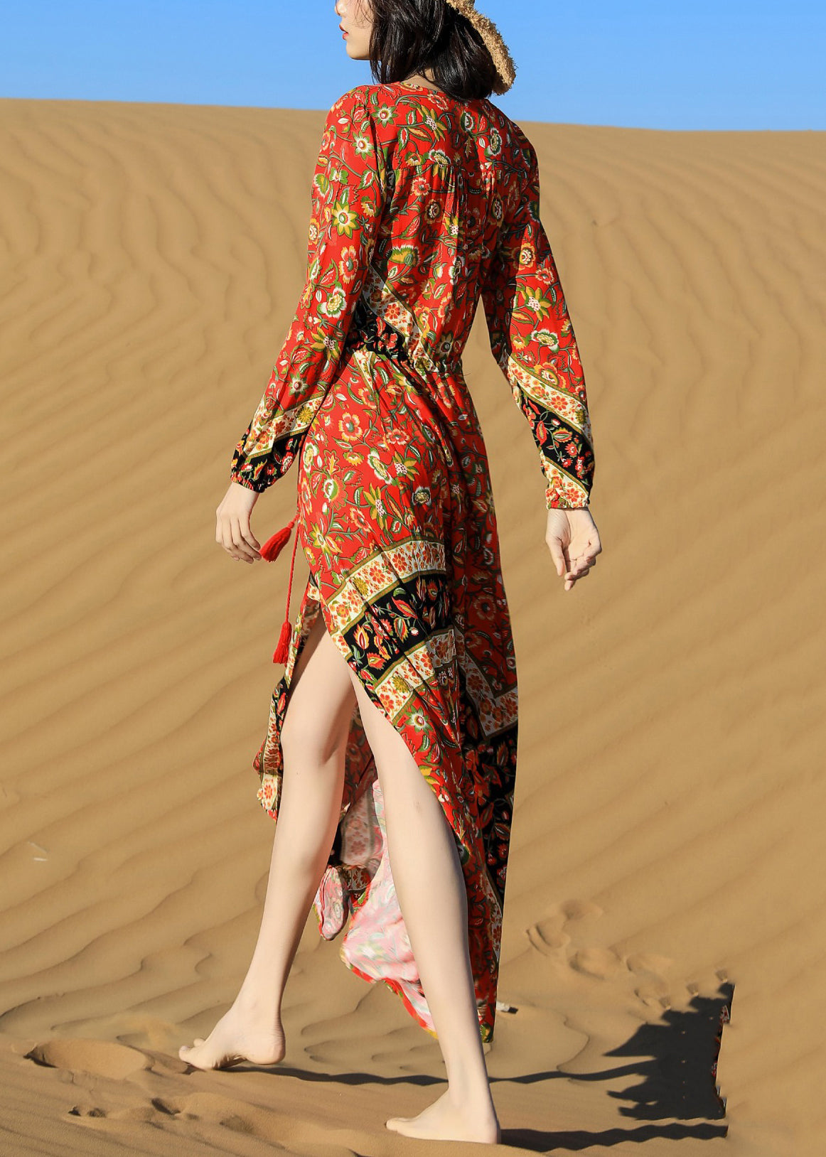 Red Print Lace Up Pockets Long Dress Fall