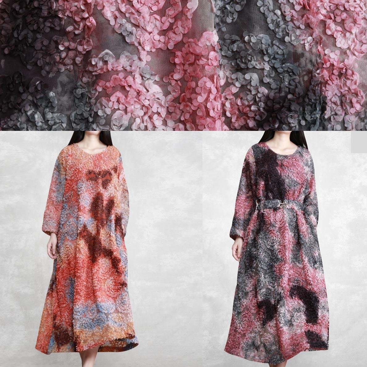 O Neck Tie Waist Spring Quilting Clothes Neckline Pink Print Dress