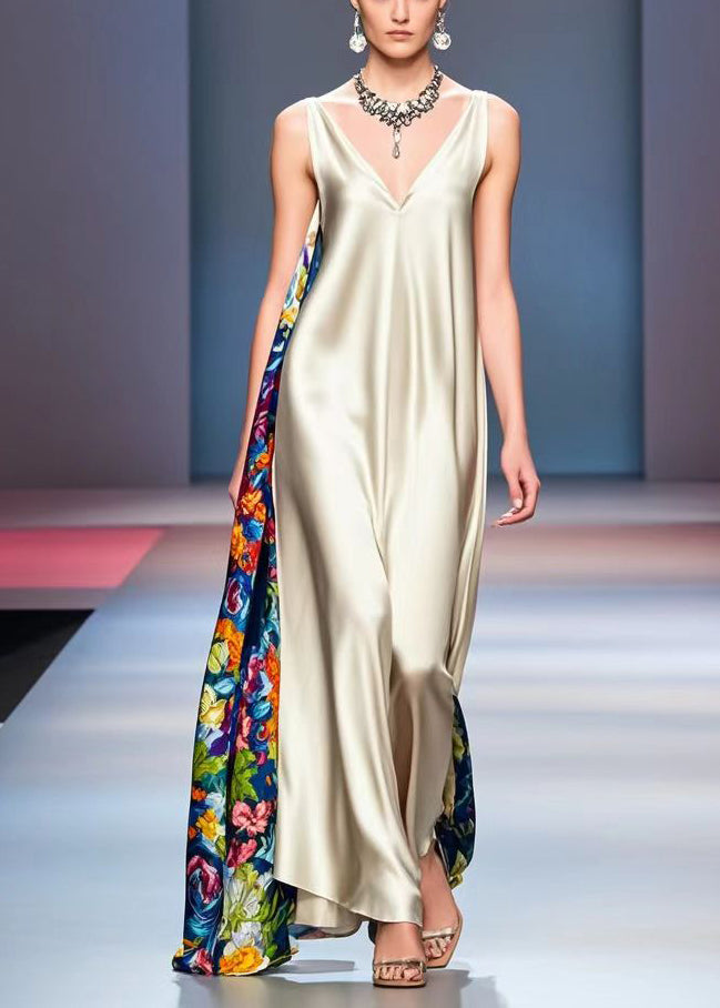 Champagne Asymmetrical Patchwork Print Silk Long Dress Sleeveless