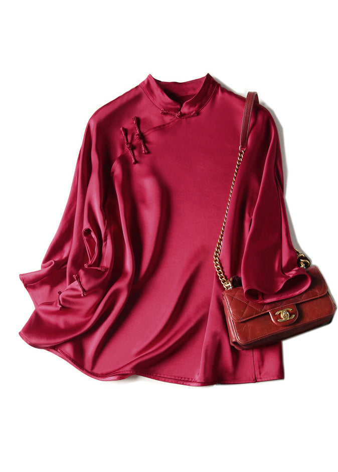 Fine Red Mandarin Collar Side Open Silk Shirt Three Quarter Sleeve