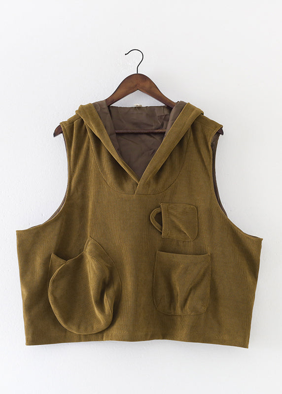 Mustard Green Velour Hooded Waistcoat and Crop Pants Two Pieces Set Fall