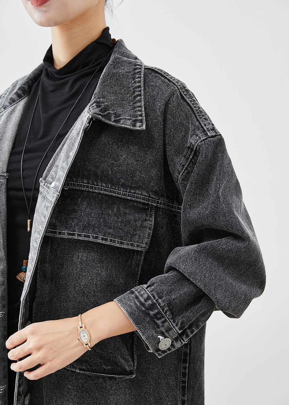 Black Oversized Pockets Denim Trench Coats Fall