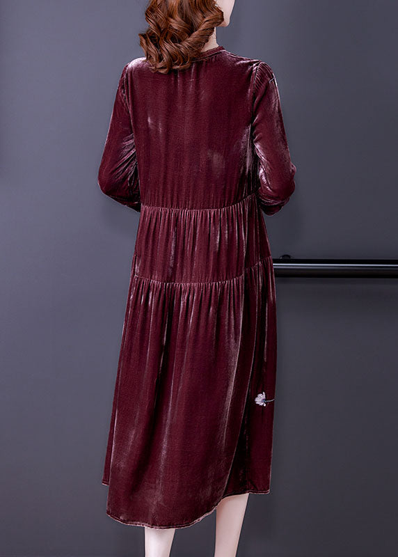 Stylish Bean Paste Red V Neck Embroideried Velour Dresses Spring