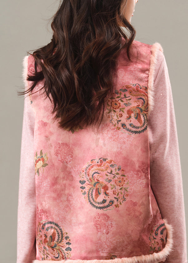 Pink O-neck Print Patchwork Mink Hair Waistcoat Winter