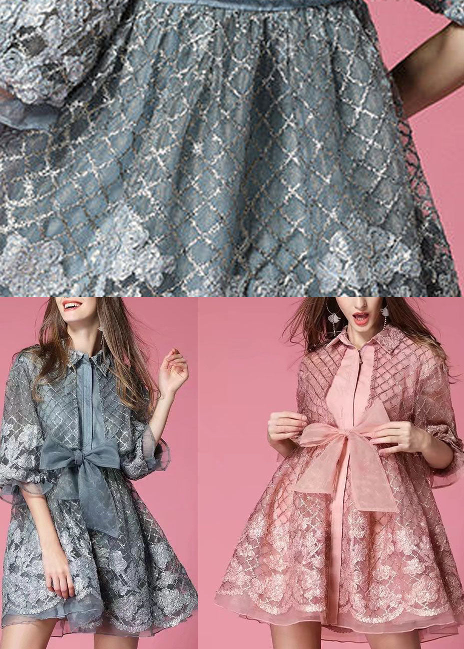 Grey Organza Patchwork Hollow Out Bow Waist Fall Half Sleeve Coat