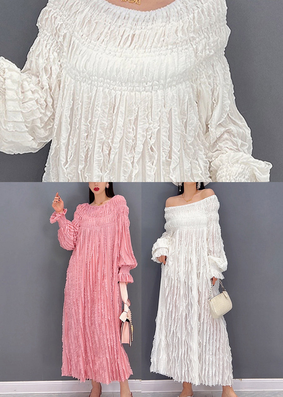 Pink Long Dresses Slash Neck Wrinkled Long Sleeve