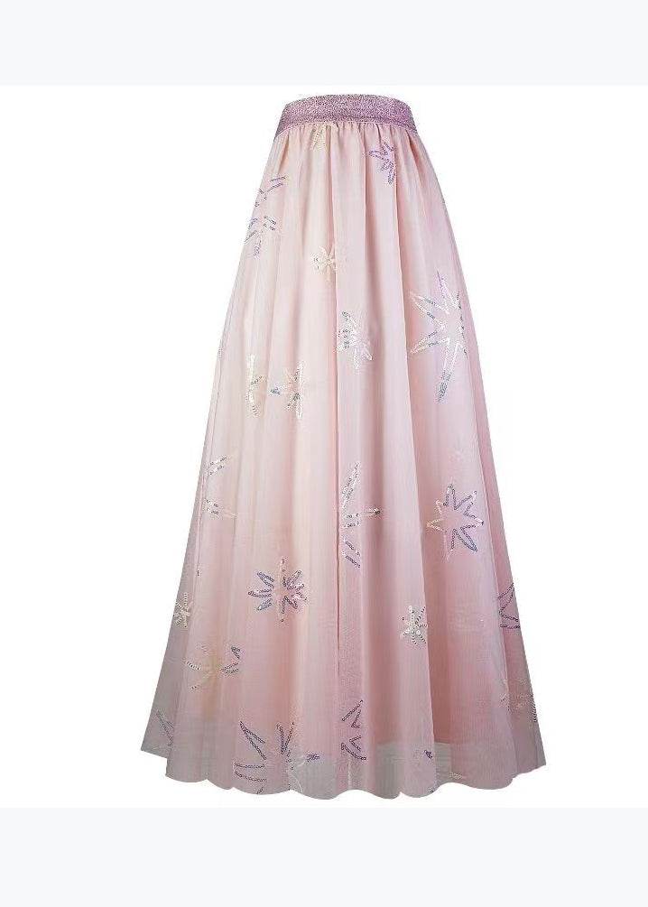 Pink Sequins Embroidered Elastic Waist Tulle Skirt Spring