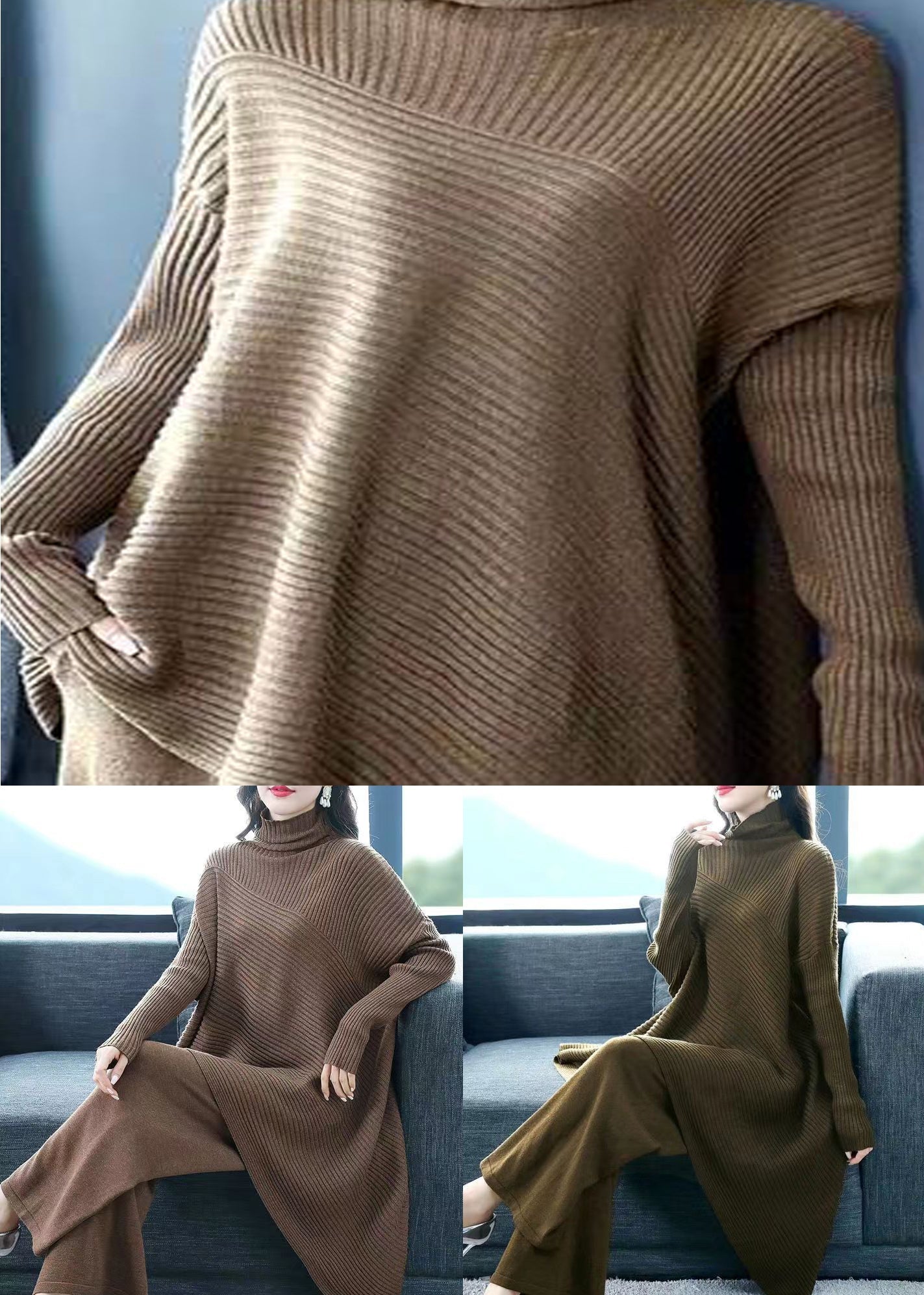Blackish Green Hign Neck Patchwork Woolen Two Piece Suit Set Fall