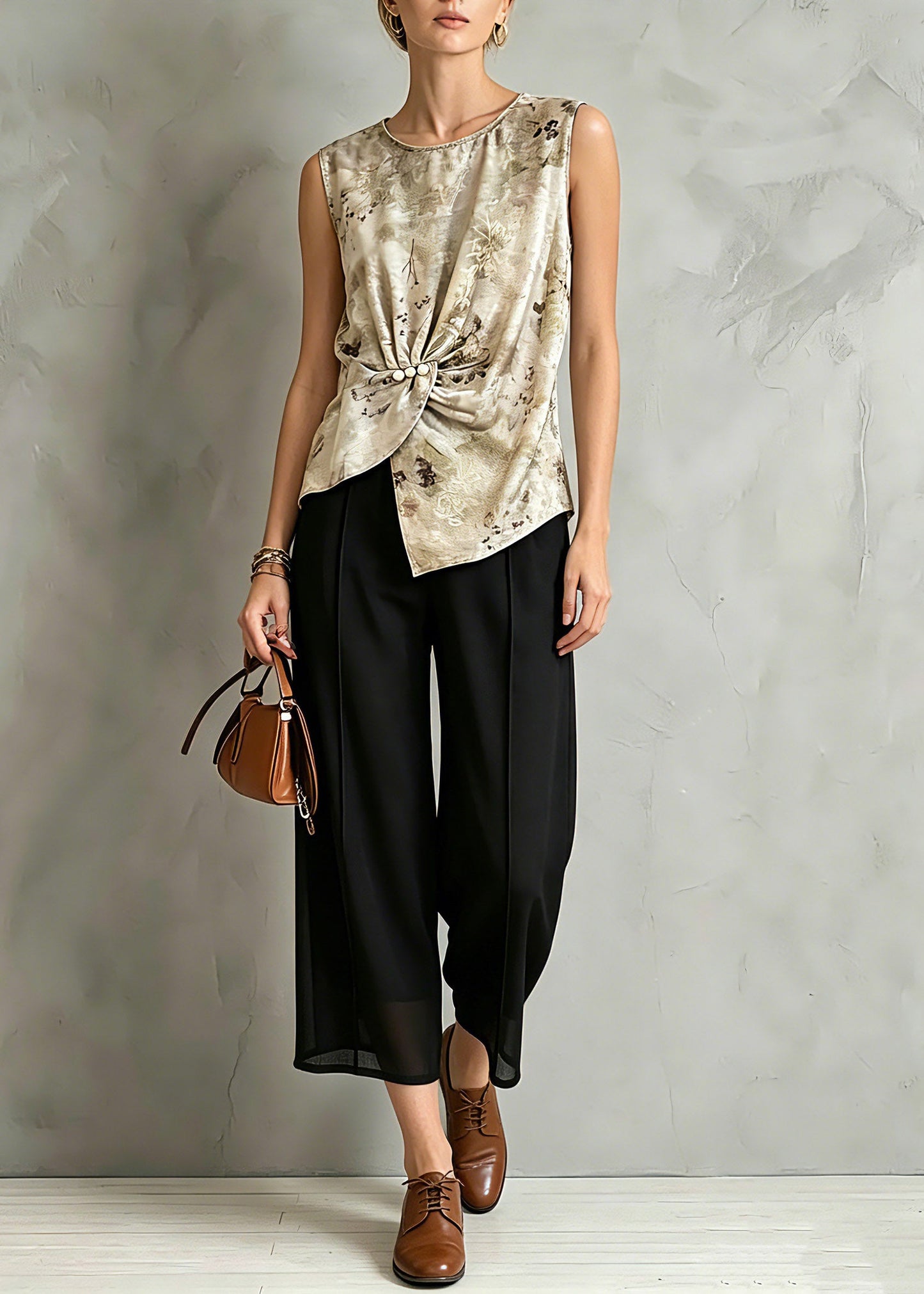 Organic Print Silk Tops and Crop Pants Two Pieces Set Short Sleeve