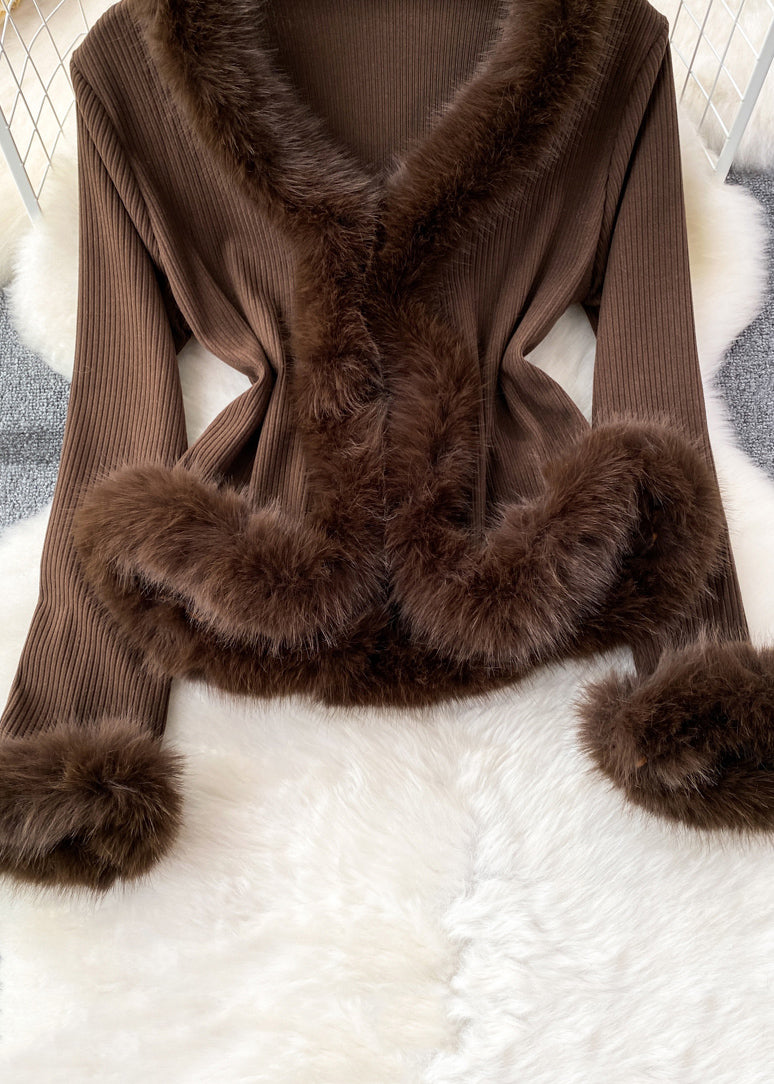 Brown Fur Collar Patchwork Cotton Knit Sweater Flare Sleeve