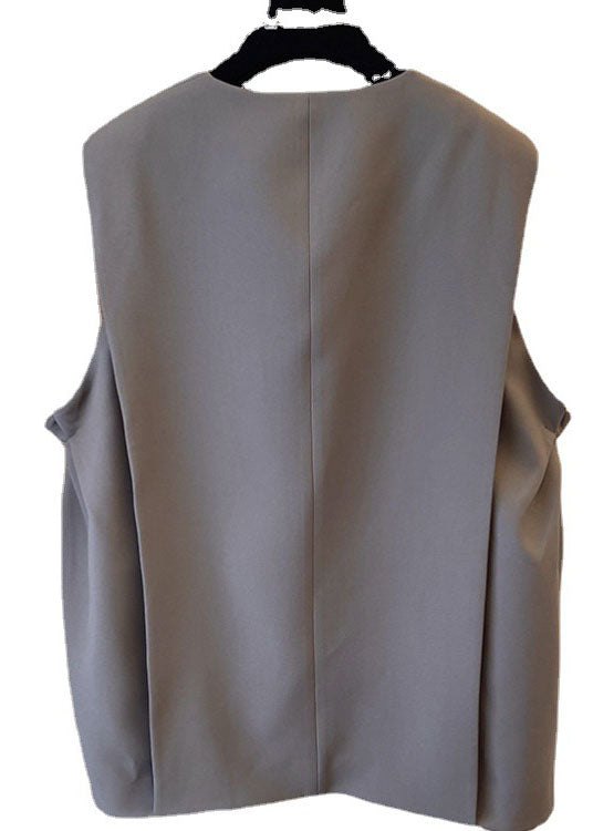 Classy Khaki Pleated Pockets Fall Sleeveless Waistcoat