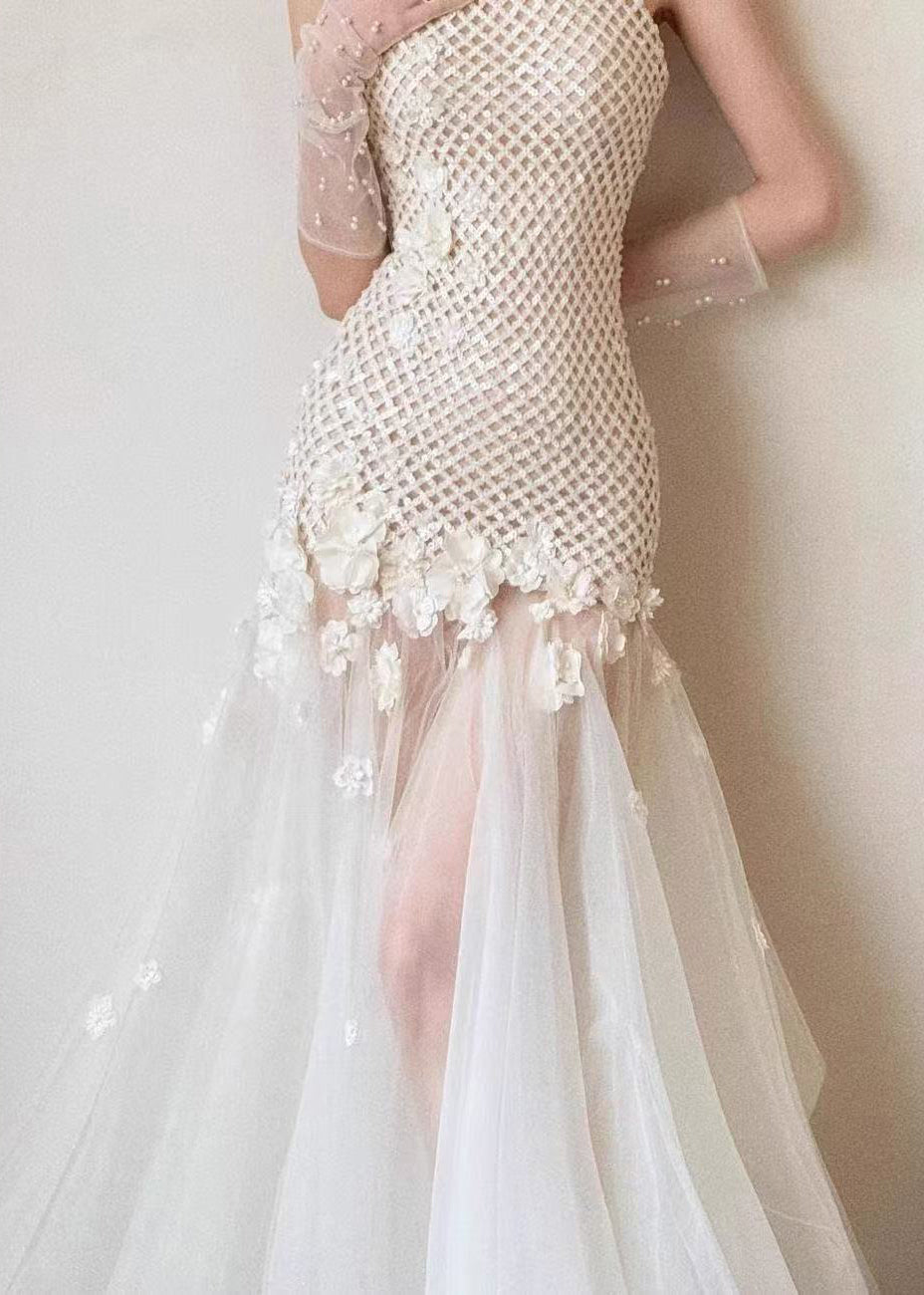 White Hollow Out Tulle Patchwork Party Dress Sleeveless