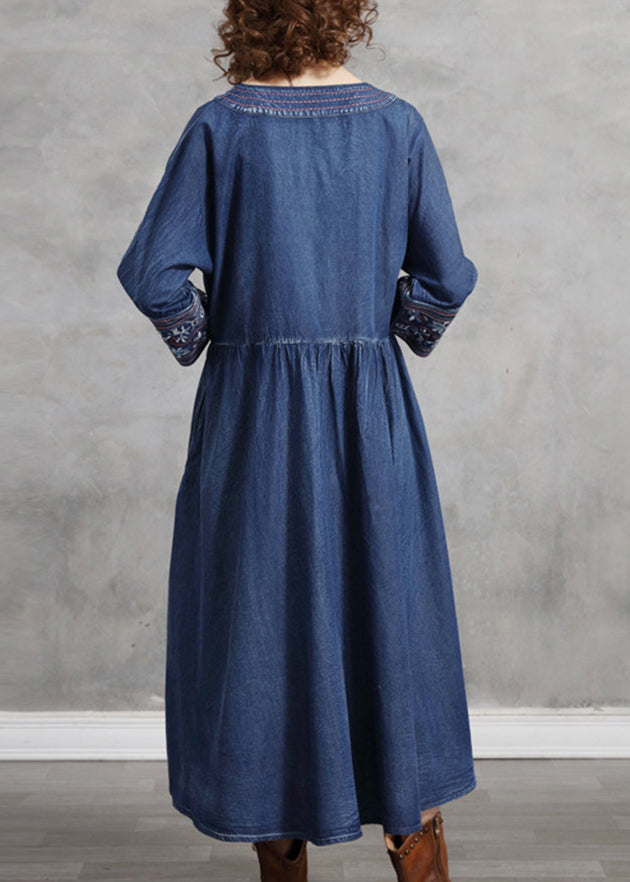 French Blue Cinched V Neck Embroideried Pocket Cotton Dresses Long Sleeve