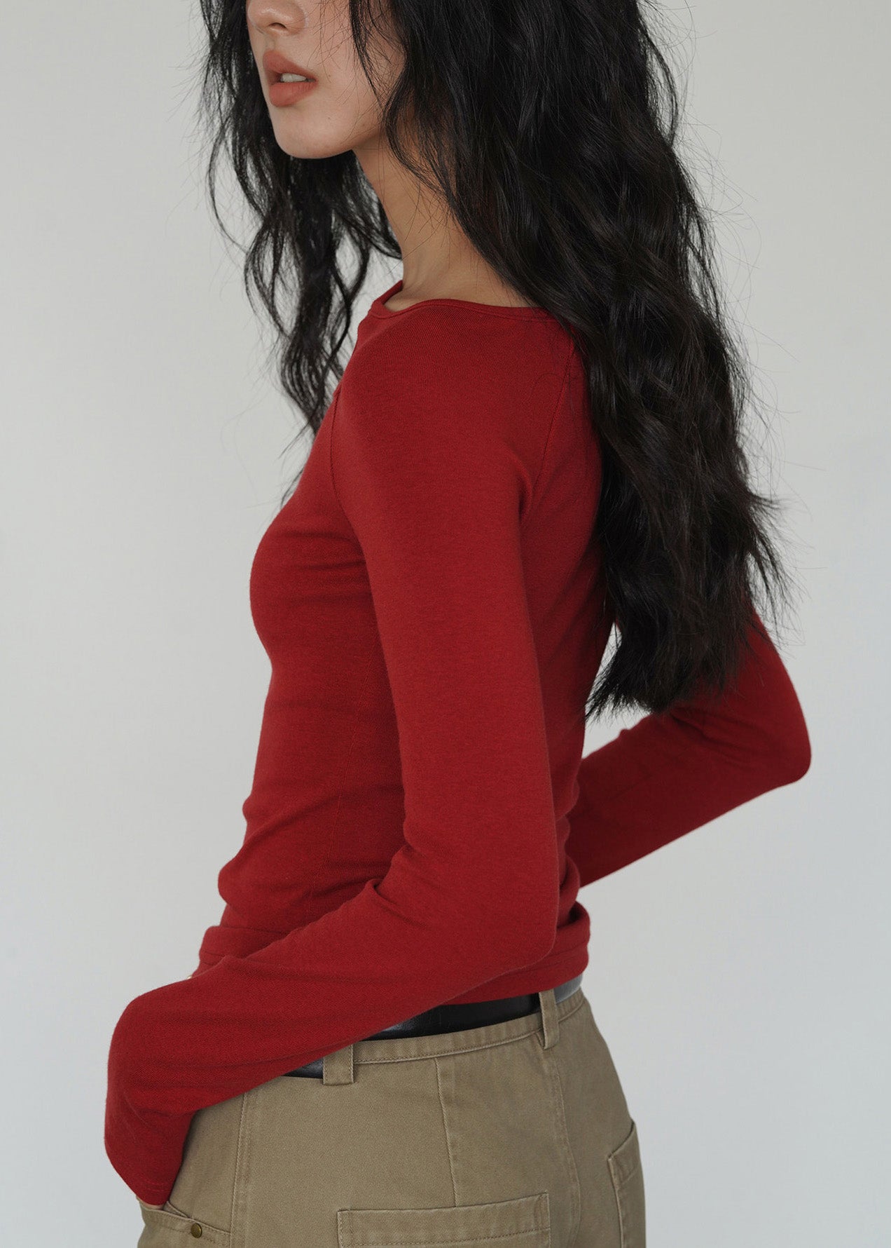 Red O Neck Hollow Out Cotton T Shirt Top Spring