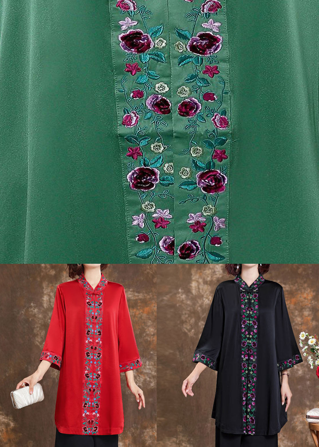 Green Embroideried Patchwork Silk Shirts Spring
