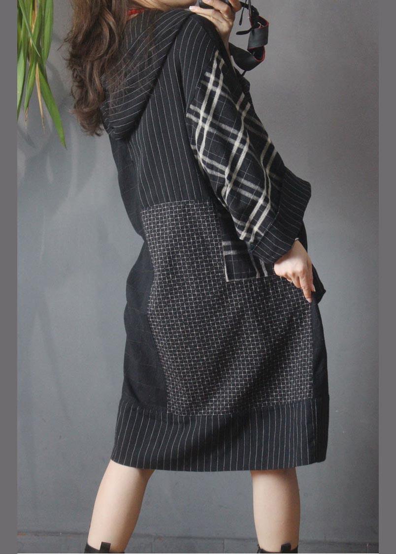Loose Black Patchwork Cotton Dress Hooded Cotton Linen Summer Mid Dress