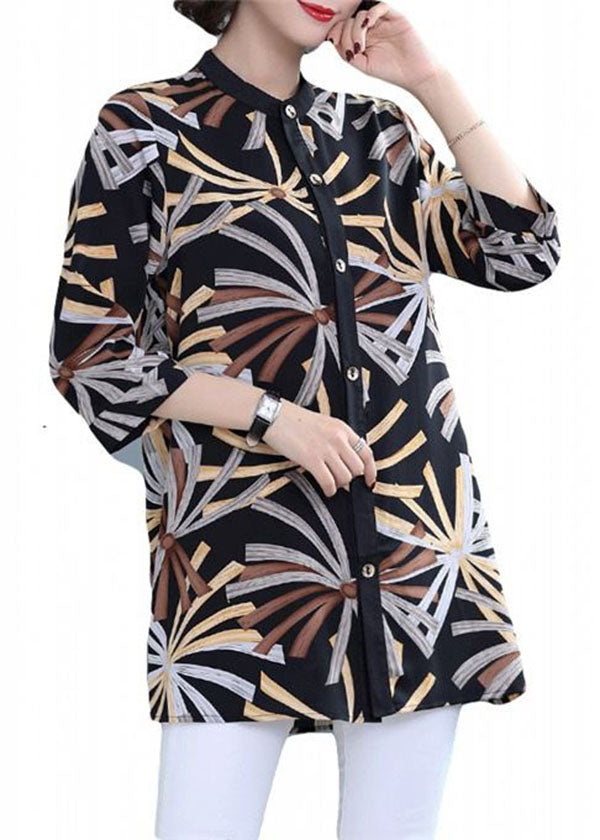 Black Stand Collar Print Chiffon Shirts Bracelet Sleeve