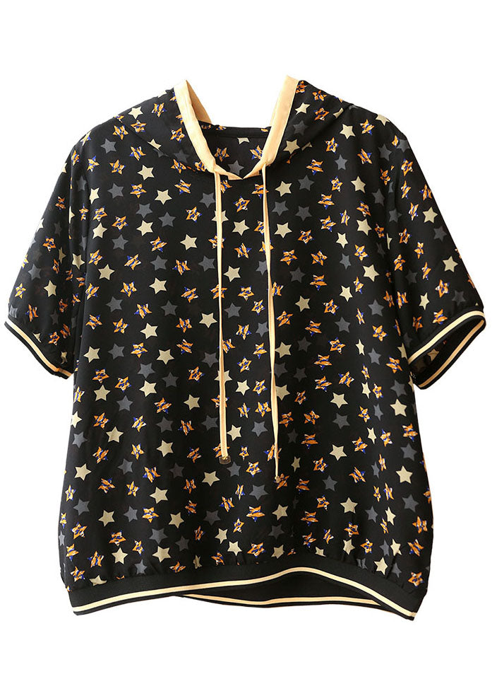 Black Drawstring Hooded Pentagram Print Silk Top Summer