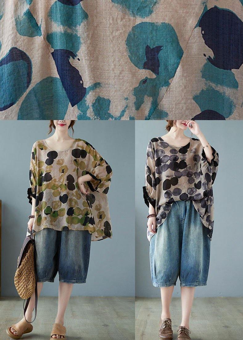 Cotton Linen Gray Dotted Top Batwing Sleeve