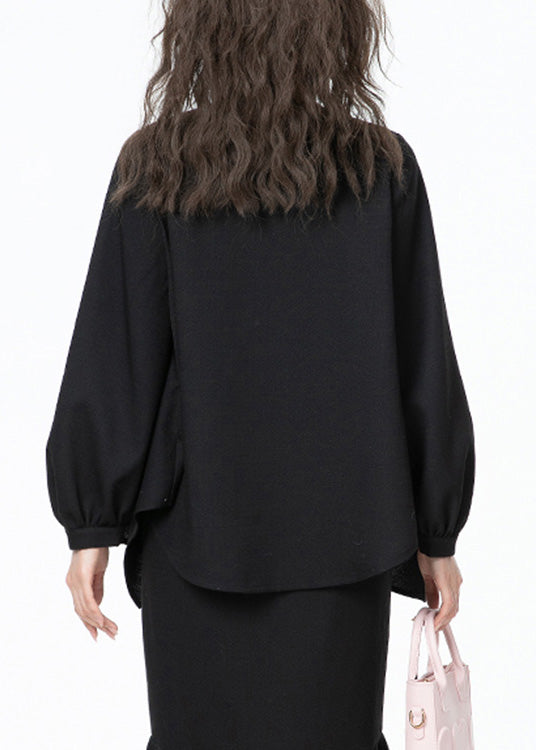 Black O-neck Bow Chiffon Shirt Long Sleeve