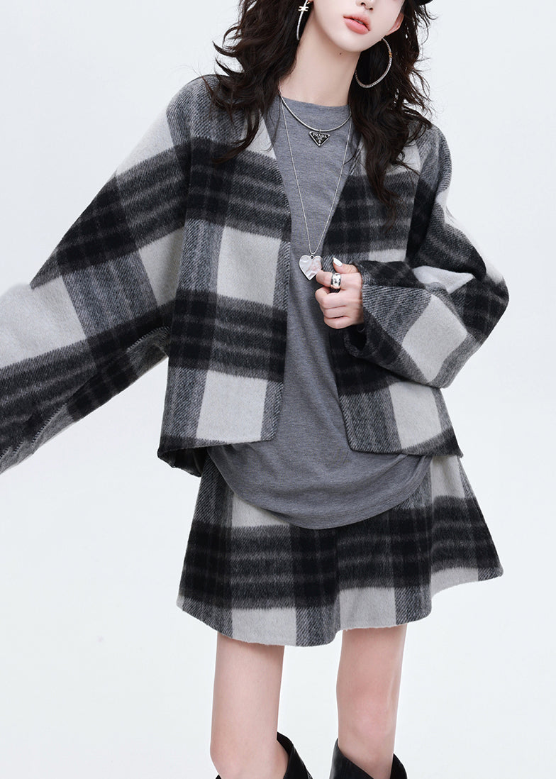 Art Grey Oversized Plaid Woolen Coats and Skirts Two Pieces Set Spring
