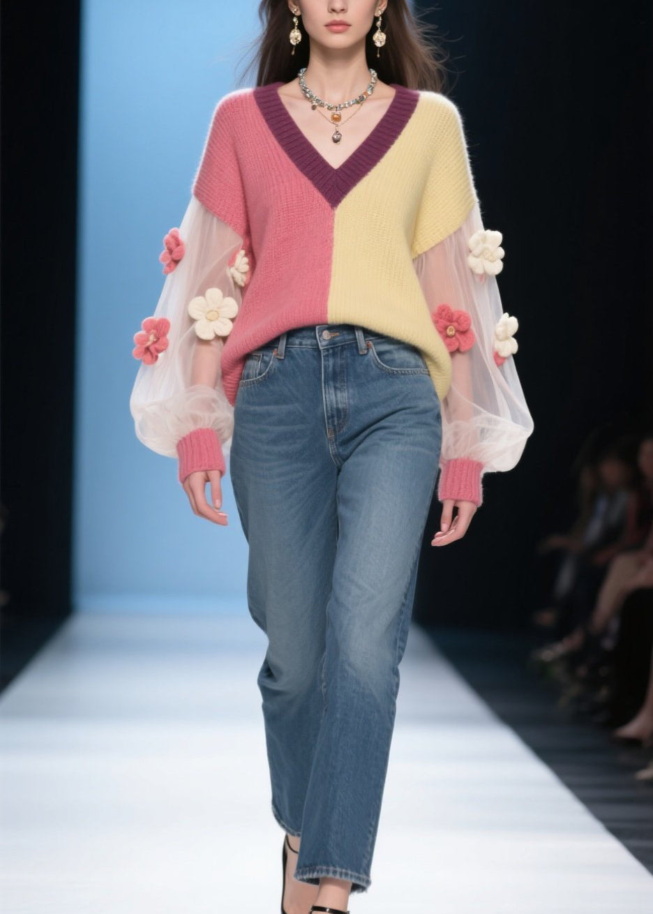 French Colorblock V Neck Tulle Patchwork Knit Sweaters Fall