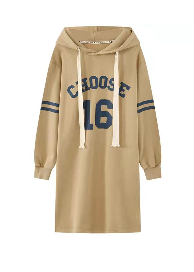 Classy Khaki Drawstring Print Side Open Sweatshirt Spring Dress