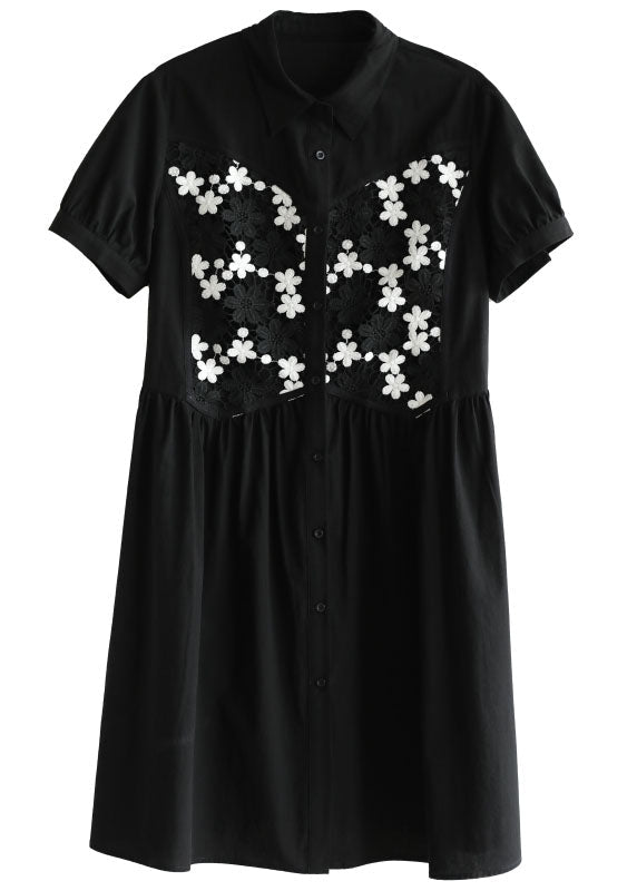 Black Button Peter Pan Collar Embroideried Cotton Shirt Pleated Dress Short Sleeve
