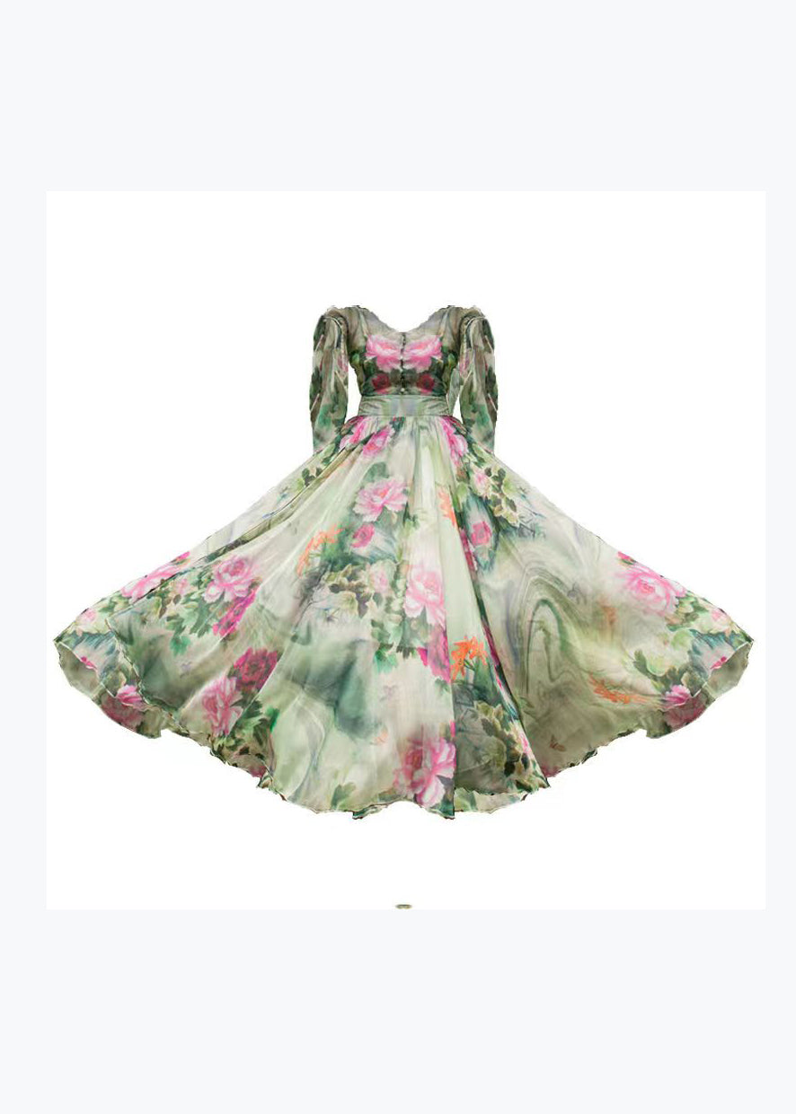 Stylish Green V Neck Chiffon Beach Long Dresses Flared Sleeve