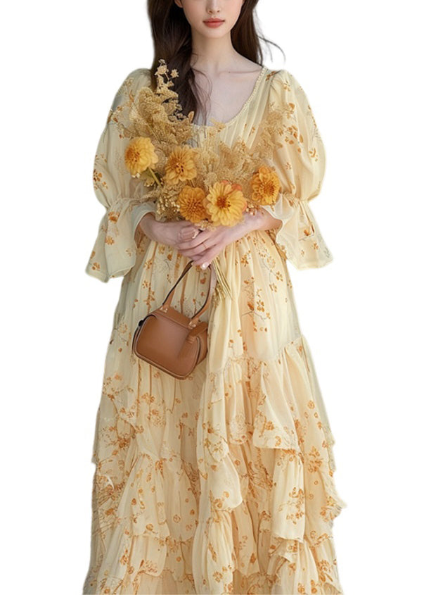 Yellow Ruffled Print Chiffon Dress Flare Sleeve